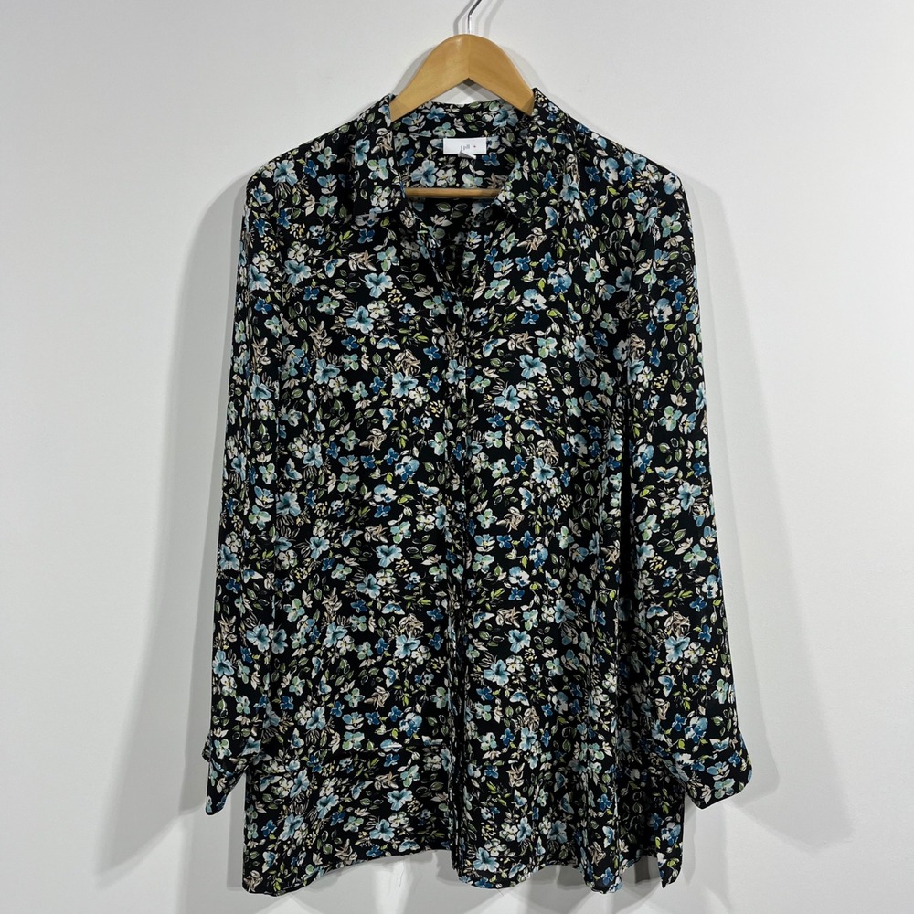 J Jill Floral Button Front Blouse Womens‎ Large Boho Long Sleeve Artsy Chiffon